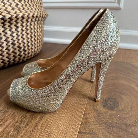 Badgley Mischka Humbie II Glitter Peep Toe Heel Gold Silver 9.5 - Picture 1 of 11